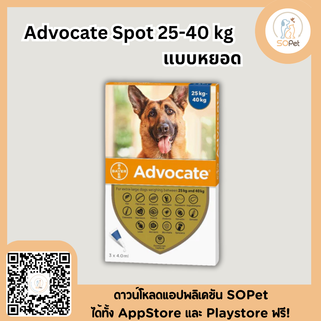 Advocate Spot on dog  หยอดหลัง หยดหลังคอ หมัด ไร พยาธิหนอนหัวใจ 25-40 kg (Dog) exp 6.2024