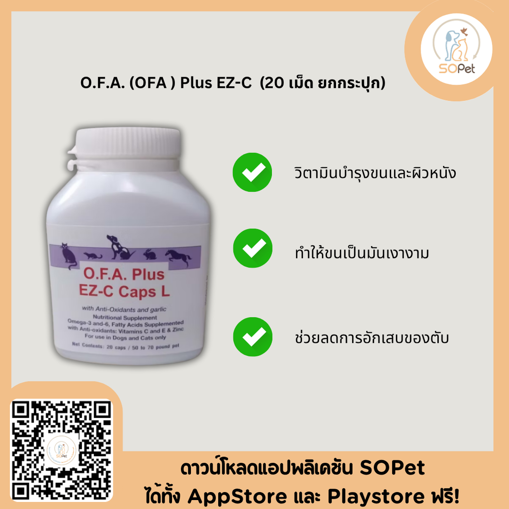 O.F.A. Plus EZ-C วิตามินบำรุงขนและผิวหนังสุนัข แมว ขนขาดหลุดร่วง วิตามินโรคผิวหนังสุนัขแมว 20 เม็ด OFA Plus