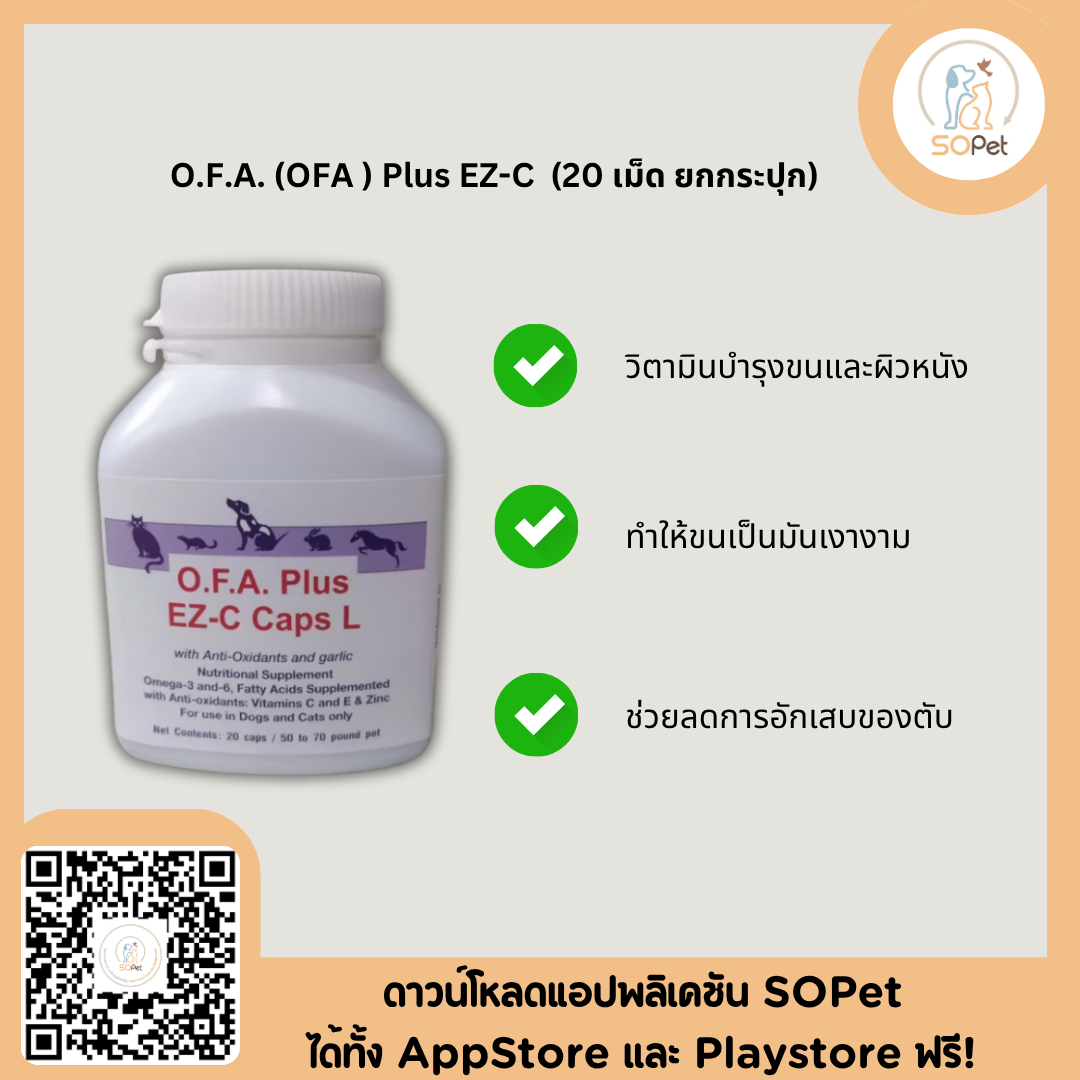 O.F.A. Plus EZ-C วิตามินบำรุงขนและผิวหนังสุนัข แมว ขนขาดหลุดร่วง วิตามินโรคผิวหนังสุนัขแมว 20 เม็ด OFA Plus
