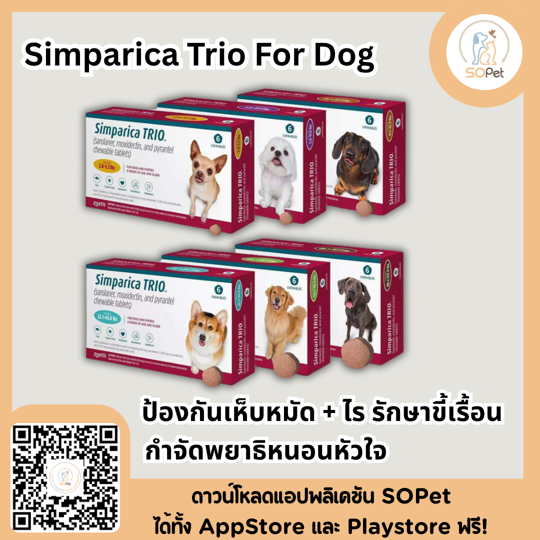 Simparica Trio For Dog ผลิตภัณฑ์ชนิดเม็ด สำหรับสุนัข แบบเม็ด กำจัดเห็บหมัด พยาธิหนอนหัวใจ