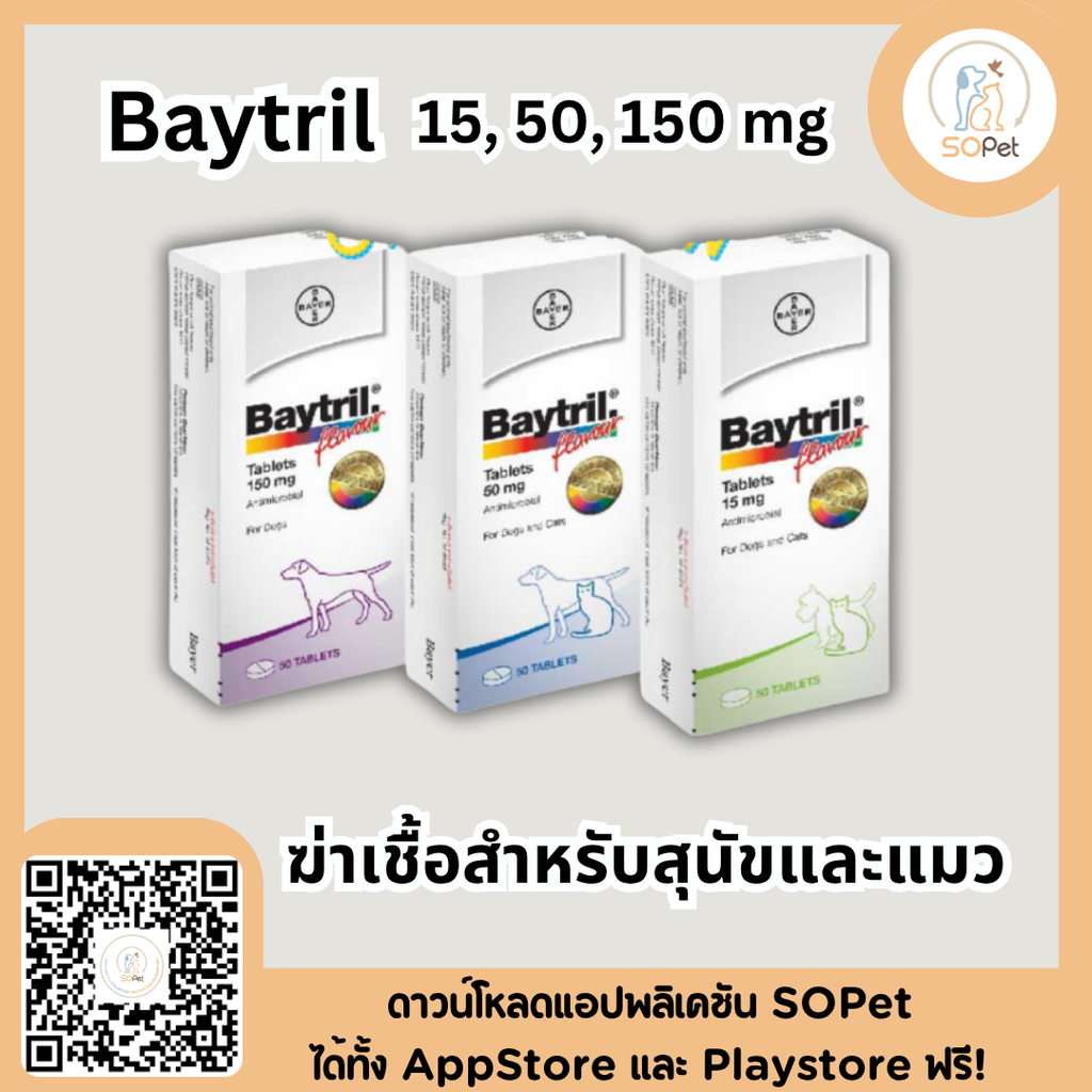Baytril 15, 50, 150 mg ไบทริล ขายยกแผง แผงละ10เม็ด