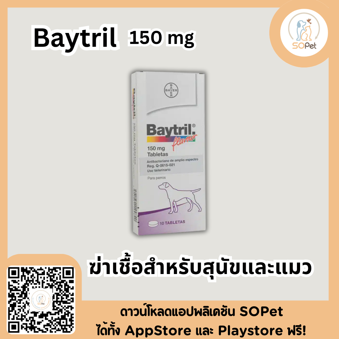 Baytril 15, 50, 150 mg ไบทริล ขายยกแผง แผงละ10เม็ด