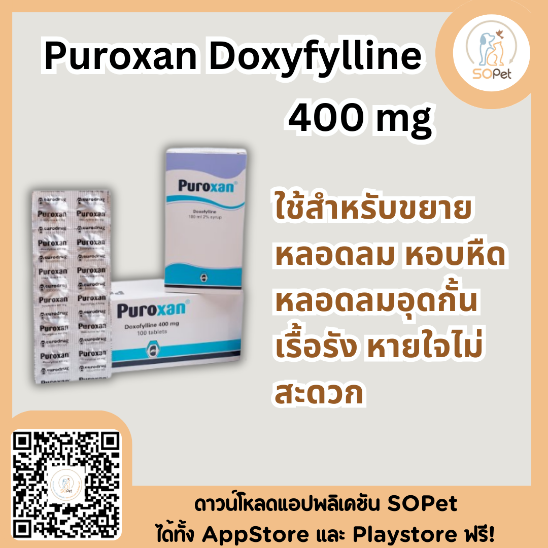 Puroxan Doxyfylline บรรเทาหอบหืด สำหรับสัตว์เลี้ยง 400 mg แบ่งขาย 1 แผง (บรรจุ 10 เม็ด)