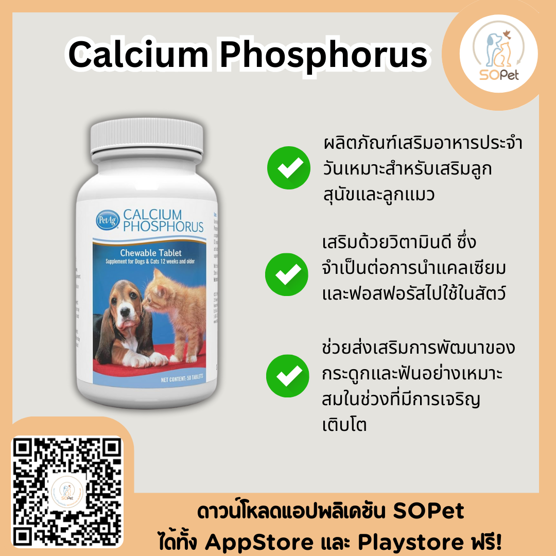 Calcium Phosphorus แคลเซียม ฟอสฟอรัส เสริมการเจริญเติบโต และบำรุงน้ำนม สำหรับสุนัขและแมว  (50เม็ด)