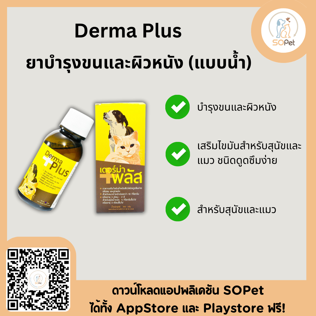 Derma Plus บำรุงขนและผิวหนัง สำหรับสุนัขและแมว ชนิดน้ำ ดูดซึมง่าย ขนาด 100 ml.