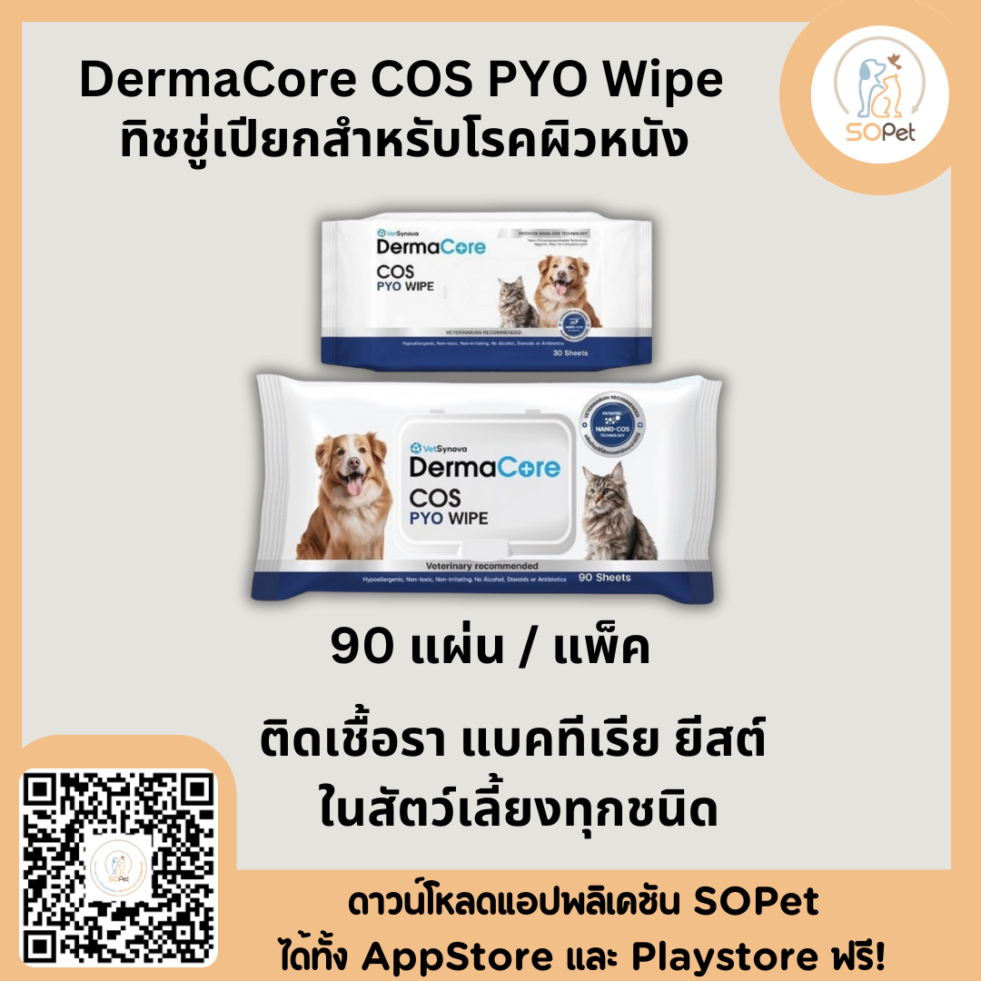 DermaCore COS PYO Wipe ผ้าเปียกสำหรับโรคผิวหนังติดเชื้อรา แบคทีเรีย ยีสต์ ในสัตว์เลี้ยงทุกชนิด บรรจุ 30-90 แผ่น