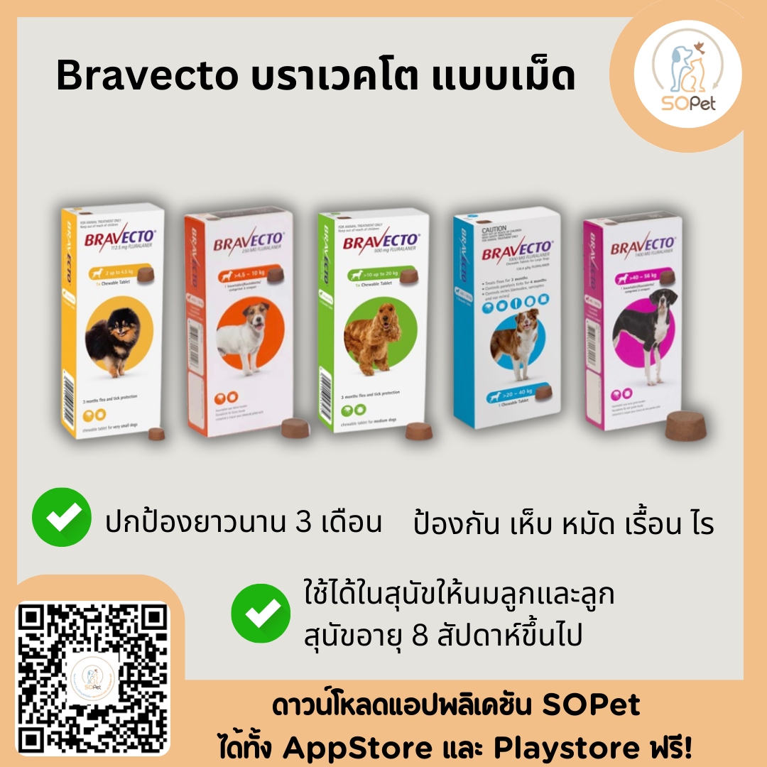 Bravecto แบบเม็ด สุนัข ป้องกันเห็บ หมัด ไรขี้เรื้อน