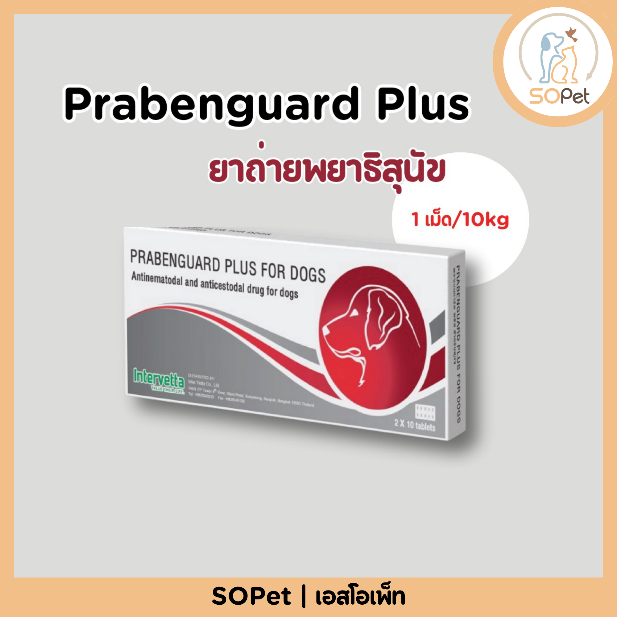 Prabenguard Plus for Dogs พราเบนการ์ด พลัส ยาถ่ายพยาธิสุนัข 1เม็ดต่อน้ำหนักตัว10kg 1แผงมี10เม็ด