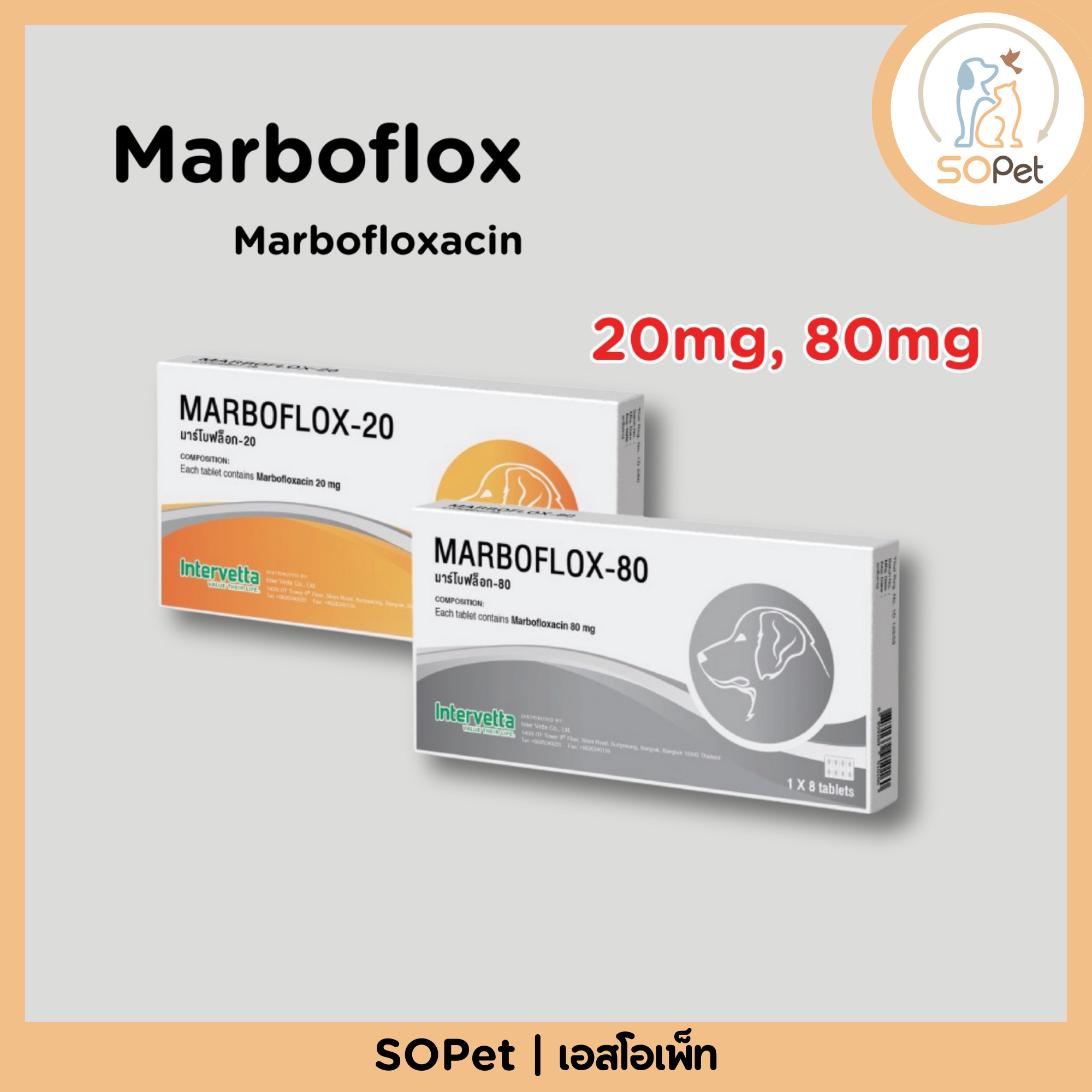 Marboflox 20mg, 80mg มาร์โบฟลอกซ์ 20มก, 80มก ขายยกแผง (20mg แผงละ 10เม็ด/80mg แผงละ 8เม็ด)