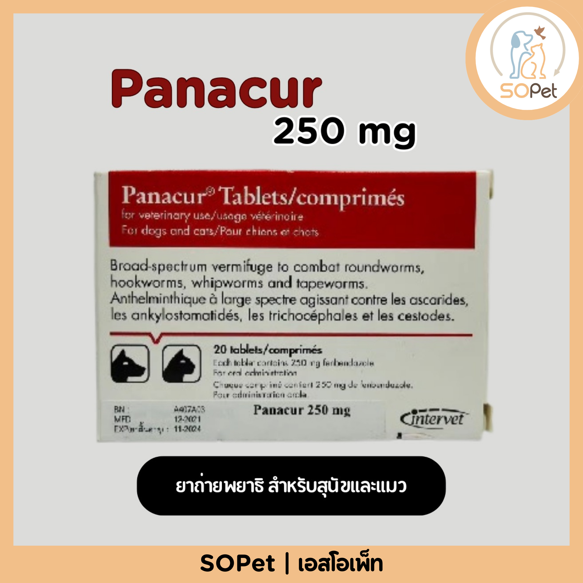Panacur ยาถ่ายพยาธิ สำหรับสุนัขและแมว ทานง่าย ไม่มีรสและกลิ่น ผสมอาหาร/ขนมแมวเลียได้