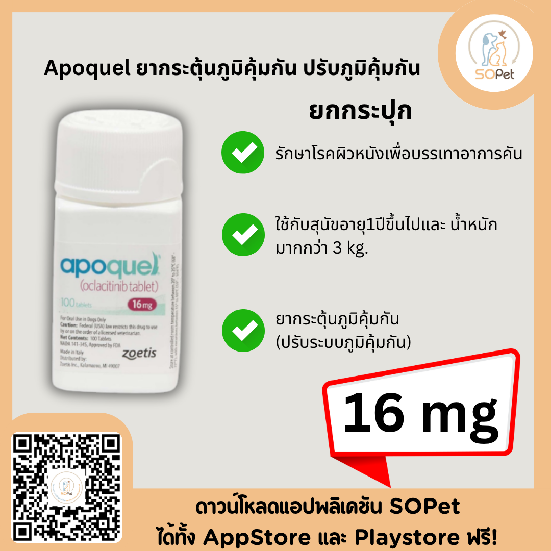Apoquel 16 mg ผลิตภัณฑ์ช่วยกระตุ้นภูมิคุ้มกัน ปรับภูมิคุ้มกัน (ยกกระปุก)