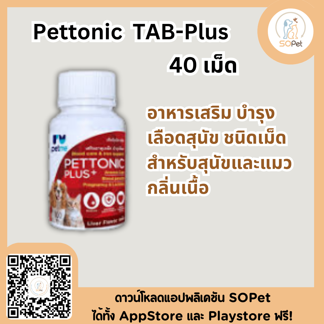 Pettonic TAB-Plus อาหารเสริม บำรุงเลือดสุนัข ชนิดเม็ดสำหรับสุนัขและแมว กลิ่นเนื้อ 40 เม็ด
