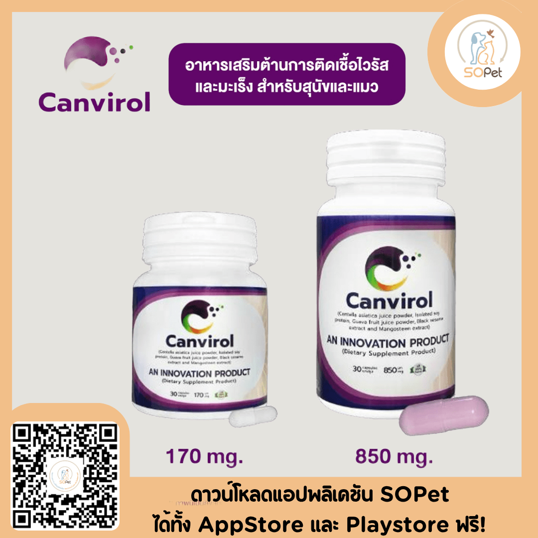 Canvirol Pet Natural Immunity อาหารเสริมภูมิต้านทานสำหรับสัตว์เลี้ยง มี 2 ขนาด 170 mg - 850 mg