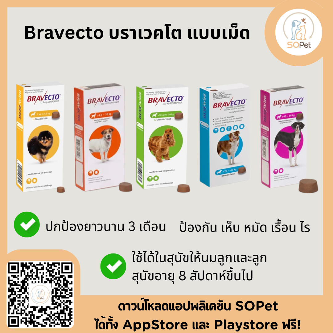 Bravecto บราเวคโต แบบเม็ด สุนัข ป้องกันเห็บ หมัด ไรขี้เรื้อน