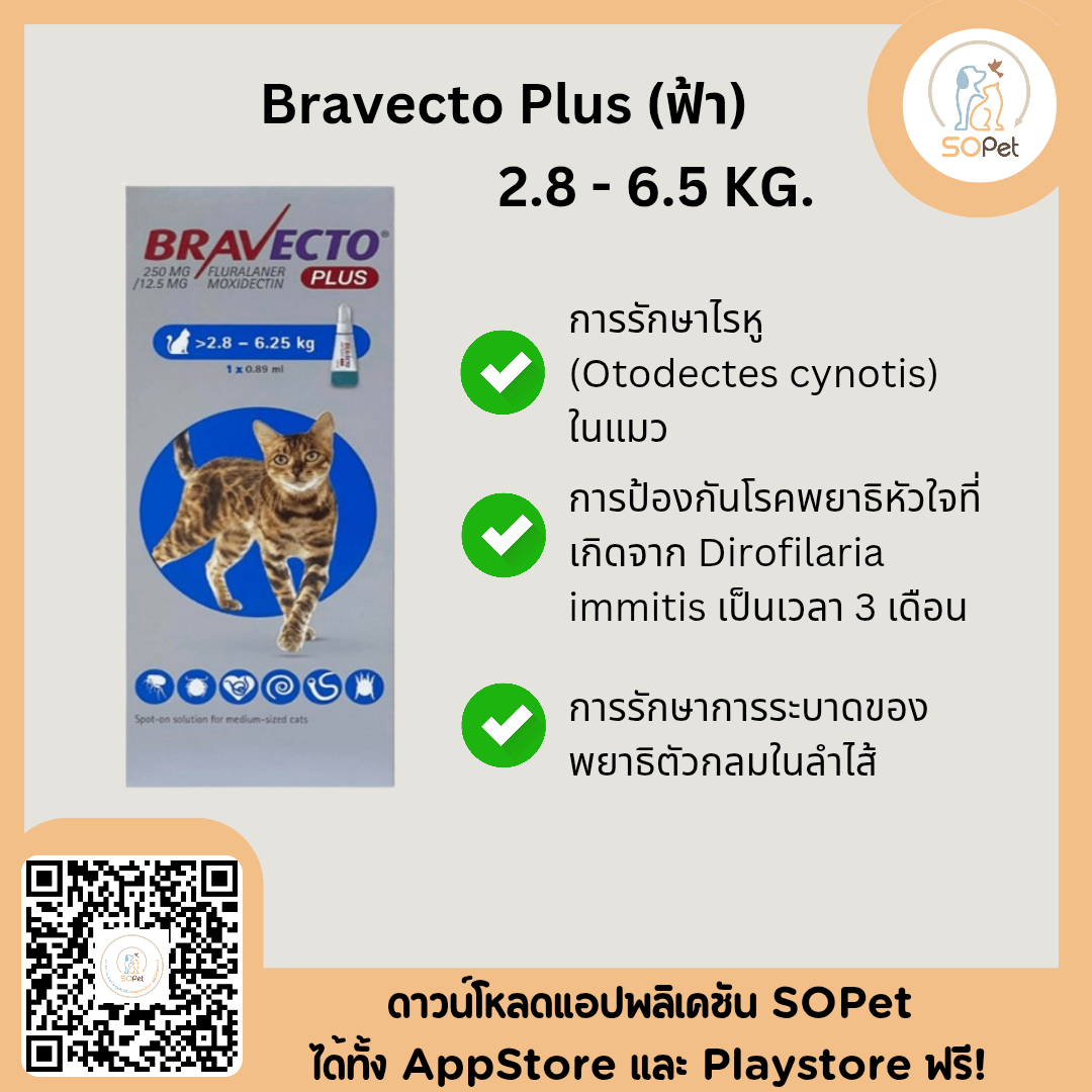 Bravecto Plus (แบบหยดสำหรับแมว) ป้องกันและยับยั้งเห็บหมัด ไรขี้เรื้อน
