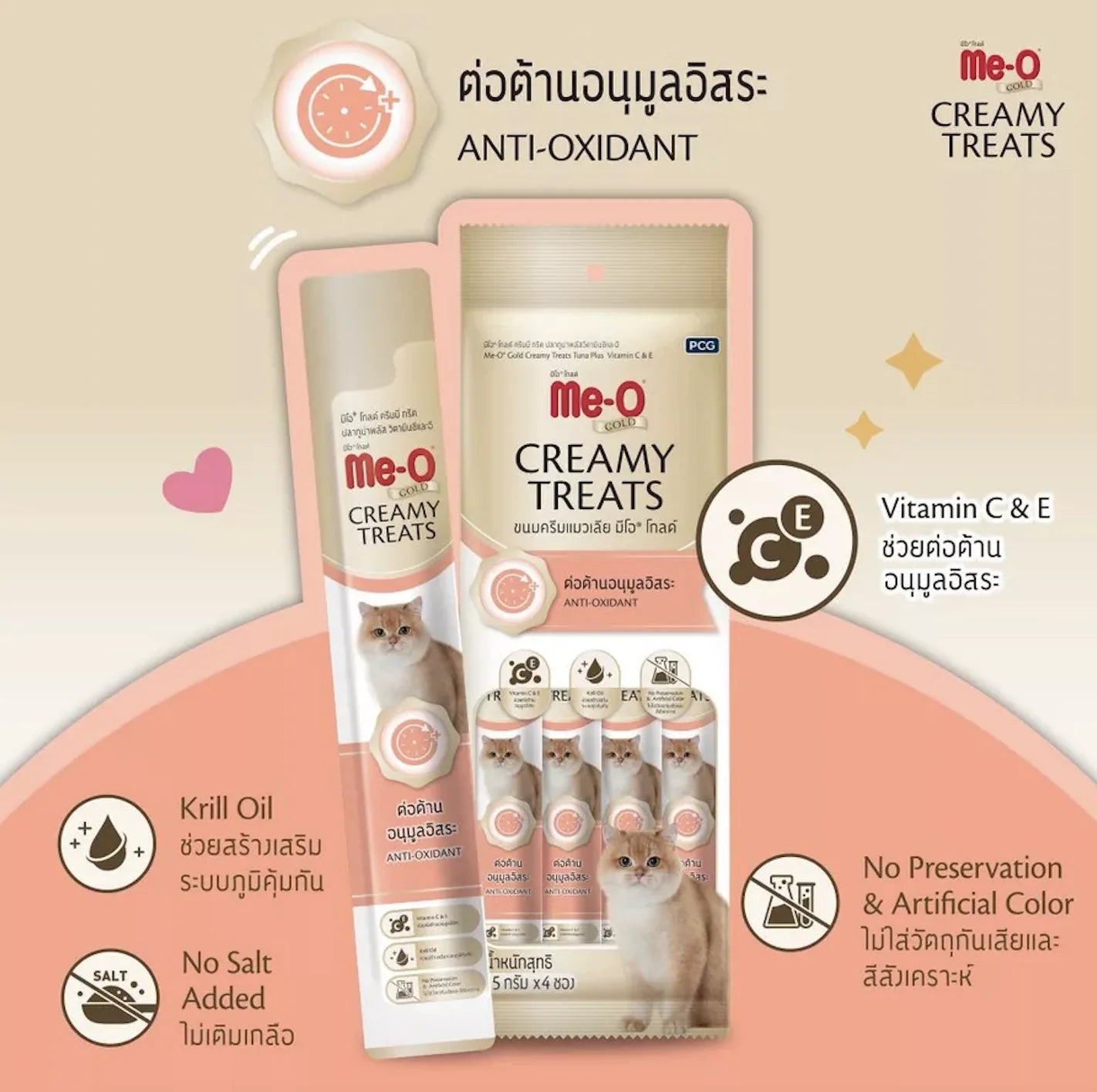 ขนมแมวเลีย สูตรพิเศษ มีโอ โกลด์ Me-O Gold Creamy Treat บรรจุ4ซอง มี7 รส